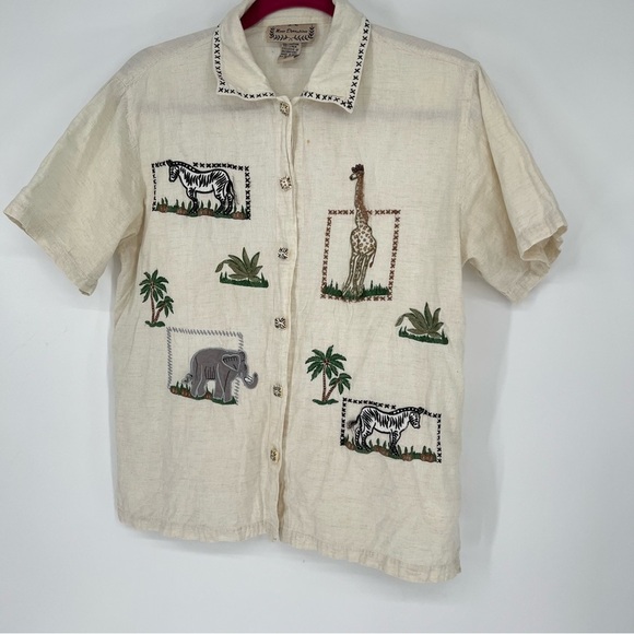 VTG New Directions Safari Print Embroidered Button Shirt Large Linen Cotton - Picture 2 of 16